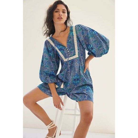 NWT ANTHROPOLOGIE Sz S LISSA ROMPER PLAYSUIT JUMPSUIT PRINTED EMBROIDERED BLUE - Picture 2 of 4
